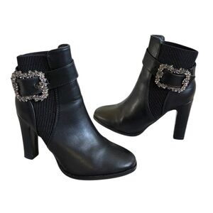 Vintage Jessica Carlyle Black Faux Leather Ankle Boots Floral Rhinestone Buckle